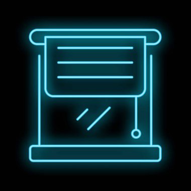 Koyu arkaplanda parlayan kapalı güneşlikleri olan bir pencerenin mavi neon simgesi