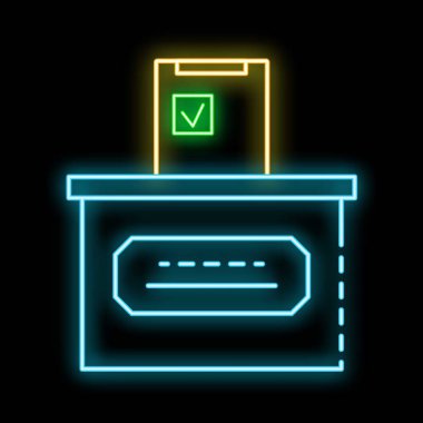 Seçimlerde oy vermeyi temsil eden neon işareti ve siyah arkaplan üzerindeki işaret simgesi