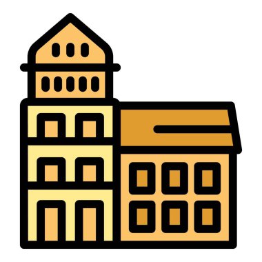 Kulesi olan eski bir Avrupa belediye binasının basit ve renkli vektör simgesi