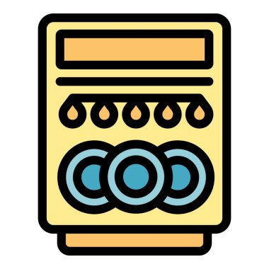 Bulaşık makinesi, çamaşır yıkama döngüsü simgesini vektör, renk, dış hat ve düz stilde gösterir