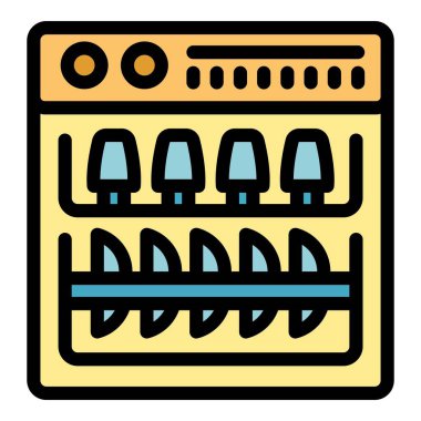Modern bir bulaşıkçının içinde temiz tabaklar gösteren basit renkli vektör simgesi