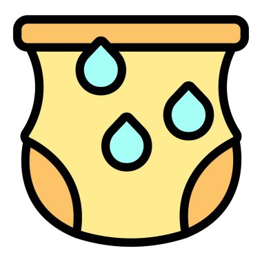 Bebek bezi dolu bir çizgi film ikonu, üç damla düşüyor, bu da bebek bezi değişimine ihtiyaç olduğunu gösteriyor.