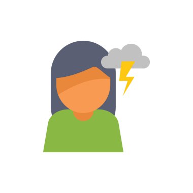 Genç bir kadının düz vektör simgesi, bir şimşek ve bulut tarafından sembolize edilen ani bir fikri var.