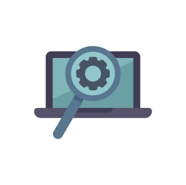 Büyüteç, çevrimiçi teknik destek ve sorun çözmeyi temsil eden bir dizüstü bilgisayardaki vites sembolüne odaklanıyor