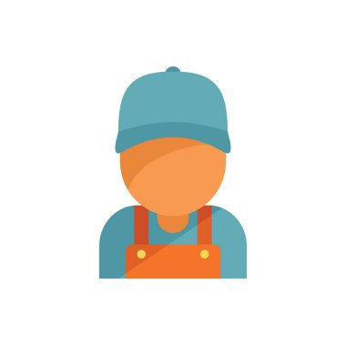 Bu düz tasarım ikonu mavi başlık ve turuncu tulum giyen bir inşaat işçisini içeriyor. İşçi ve yetenekli ticareti temsil etmek için ideal.