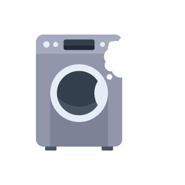 Kırık çamaşır makinesinin kenarından sabun köpükleri çıkıyor. Alet edevat tamiri üzerine esprili bir çalışma.