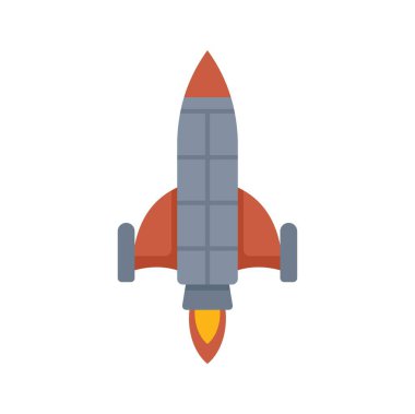 Kırmızı roket yukarı doğru fırlatılıyor. Altından alev fışkırıyor. Beyaz arka plana ayarlı.