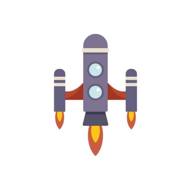 Çizgi film uzay gemisi uzayda uçuyor ve üç motorundan ateş çıkıyor.