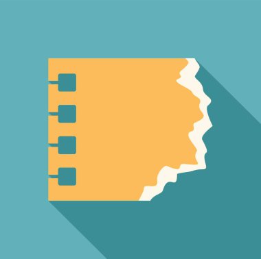 Solda metal sarmal kaplamalı sarı not defteri ve sağda turkuaz arka planda uzun gölgeli boş sayfa gösteren yırtılmış kağıt.