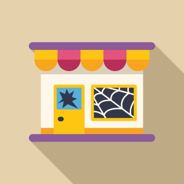 Abandoned shop with broken window and spider webs icon in flat style with long shadow clipart