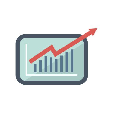 Düz tasarım tableti, yukarı doğru eğilimli kırmızı ok ile büyüyen bir çubuk grafiği gösteriyor