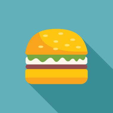 Lezzetli görünümlü hamburger mavi arka planda uzun bir gölge bırakıyor.