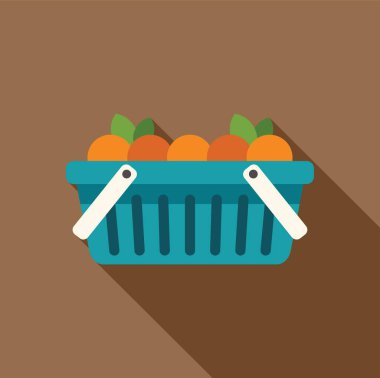 Portakallarla dolu alışveriş sepeti kahverengi arka planda uzun gölgeler bırakıyor.