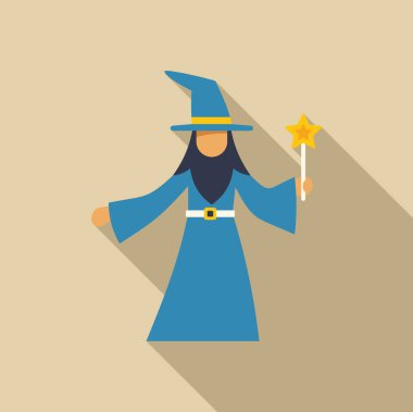 Mavi cüppeli ve şapkalı bir çizgi film sihirbazı elinde sihirli bir değnek tutuyor.