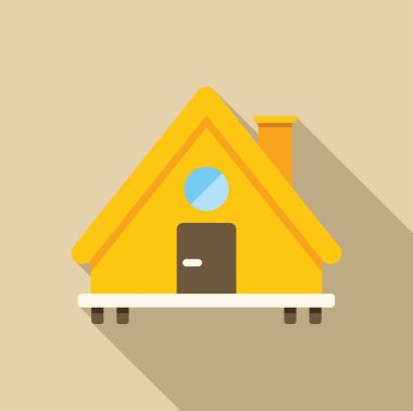 Kahverengi kapısı ve yuvarlak penceresi olan basit sarı ev açık kahverengi arka planda uzun bir gölge bırakıyor.