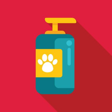 Kırmızı arka planda izole edilmiş beyaz pençe izi simgesi içeren sarı etiketli mavi şampuan şişesi.