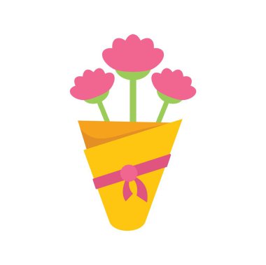 Sarı kağıda sarılıp pembe kurdeleyle bağlanmış basit bir buket pembe karanfil.