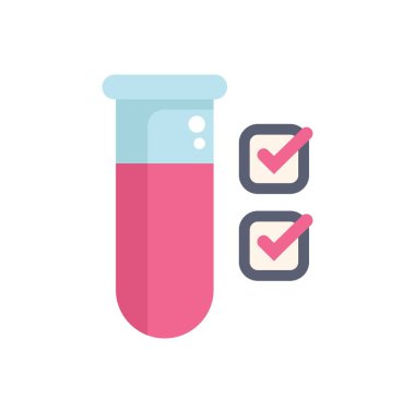 Kalite kontrolünden geçen bir kan örneği içeren tıbbi test tüpü, iki işaretli sembolle temsil ediliyor.