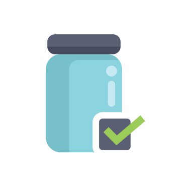 Mavi bir kavanozun basit simgesi başarılı bir kalite kontrol denetimini temsil eden işaretli onay sembolünü alıyor