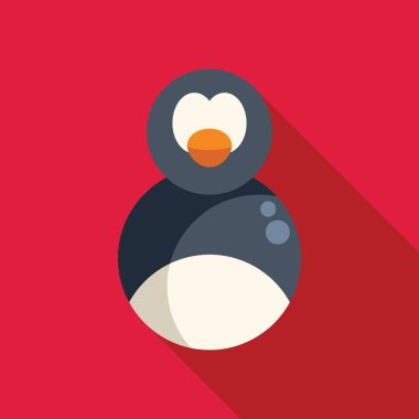 Kırmızı arkaplanda uzun gölgesi olan yassı tasarım tarzında minimalist penguen simgesi
