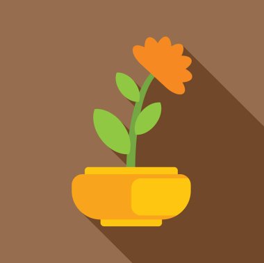 Sarı tencerede büyüyen bir portakal çiçeğinin minimalist düz vektör çizimi