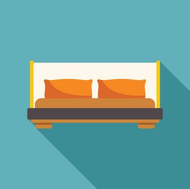 Yastıklı çift kişilik yatak. Düz dizayn tarzında uzun bir gölge bırakıyor.