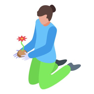 Diz çöküp elinde kırmızı bir çiçekle çiçek saksısı tutan bir kadın bahçıvanın izah edilmiş resmi.