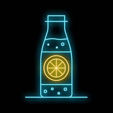 Koyu arkaplanda narenciye aromalı bir soda şişesini tasvir eden neon levhası