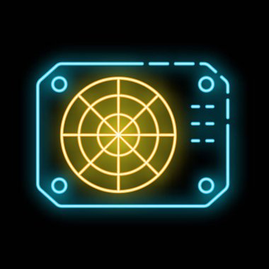 Bilgisayar donanımı kavramını temsil eden dönen pervane bıçaklarını gösteren parlayan neon simgesi