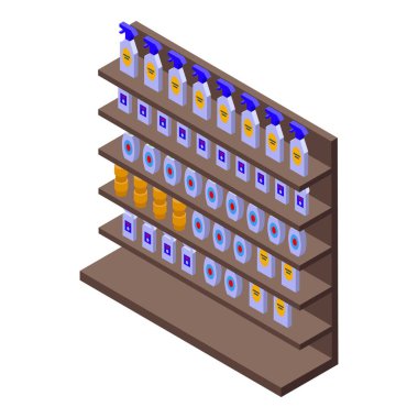 Kahverengi süpermarket rafı izometrik bir görünümde çeşitli temizlik ürünleri ve malzemelerini gösterir