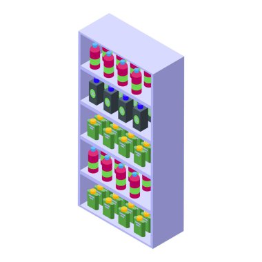 Mağazada satılık ürünleri gösteren Isometric süpermarket rafı