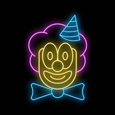 Siyah arka planda, parti şapkası ve papyon takan gülümseyen bir palyaçoyu temsil eden neon tabela.