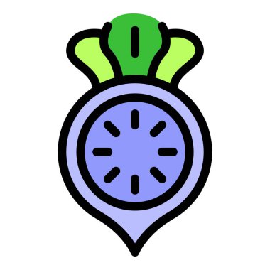 Bu renkli simge tasarımı yeşil yapraklı mor bir şalgam tasvir ediyor.