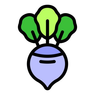 Mor kökü ve beyaz üzerinde izole edilmiş üç yeşil yapraklı basit renkli bir şalgam ikonu.