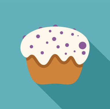 Beyaz kremalı ve mor şekerli kek mavi arka planda uzun bir gölge bırakıyor.