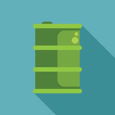 Green metal barrel with lid casting a long shadow on blue background, simple flat design of a flammable liquid container clipart