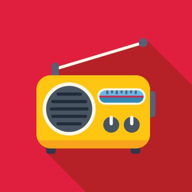 Sarı antika radyo kırmızı arkaplanda antenle müzik çalıyor