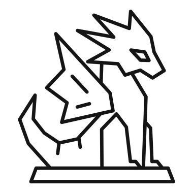 Bir geometrik ejderhanın çizgi sanat vektörü bir kaide üzerinde duruyor ve kanatlarını açıyor, fantezi ve ortaçağ temaları için harika.