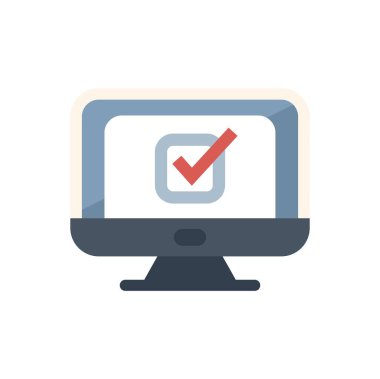 Masaüstü bilgisayarı, çevrimiçi bir anket veya görevin başarıyla tamamlanmasını temsil eden, ekranında bir işaretleme işareti gösterir