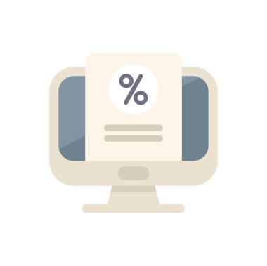 Masaüstü bilgisayarı, çevrimiçi ödeme ve ticaret işlemlerini temsil eden yüzdelik sembollü bir dijital fatura gösteriyor