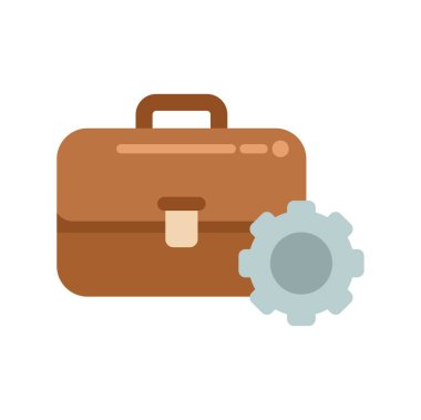 Bu düz tasarım çizimi, çalışma yöntemini sembolize eden bir dişlinin yanında duran kahverengi bir evrak çantasını gösteriyor.