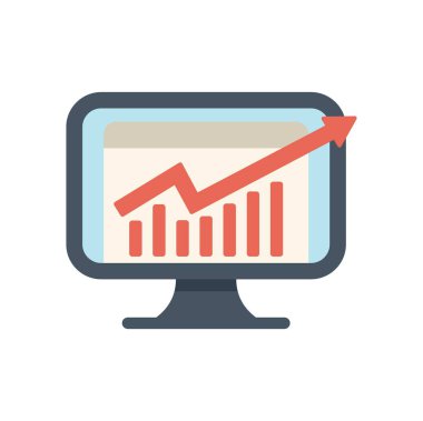 Düz tasarım, bir bilgisayar ekranının vektör biçimi simgesi bir çubuk grafiği ve yukarı doğru ok ile pozitif büyüme gösterir