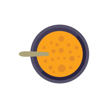 Yukarıdan bir kase çorbanın kenarlarında bir kaşıkla göründüğü basit bir karikatür çizimi.