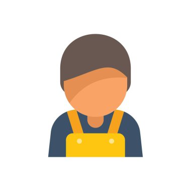 Sarı tulumlu ve mavi gömlekli inşaat işçisi bu düz simge tasarımına bakıyor.