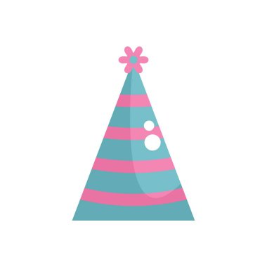 Üstünde çiçek süsü olan mavi ve pembe çizgili parti şapkası. Doğum günü kutlamaları için mükemmel.