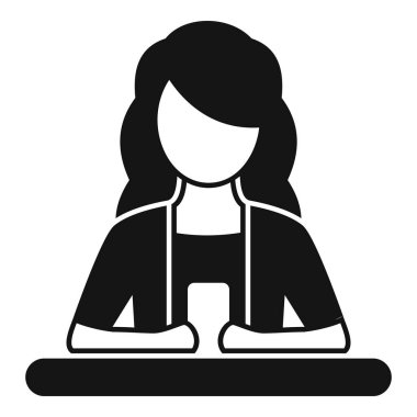 İş kadını karakteri masa simgesinde oturuyor, basit bir stil.