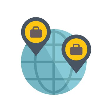 Bu vektör illüstrasyonu küresel iş fırsatları kavramını dünya haritası üzerinde iki evrak çantasıyla gösteriyor