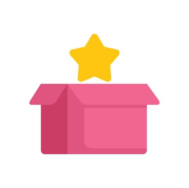 Minimalist düz vektör çizimi, içinde bir yıldız olan açık bir kutuyu temsil ediyor, sürpriz, gizem ya da başarılı bir boks yapma kavramı.