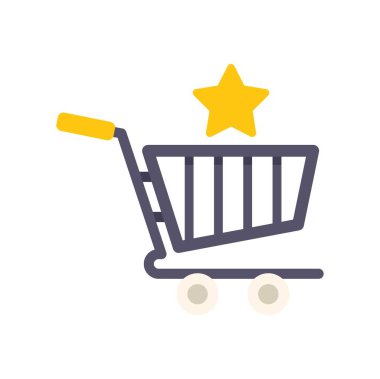 Büyük bir altın yıldız taşıyan bir alışveriş arabasının minimalist vektör çizimi, mükemmel müşteri memnuniyeti ve olumlu geri bildirimi temsil ediyor.