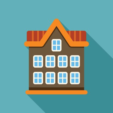 Kahverengi dar cephe binası turkuaz arka plana uzun gölge düşürüyor